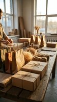 Small business owner preparing eco-friendly packaging and paper bags for sustainable shipping in modern workspace with natural lighting.