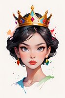 Young Asian woman with black wavy hair wearing golden crown with gemstones. Stylized digital art portrait with watercolor splashes features bright red lips and expressive eyes.