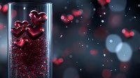 Red heart shapes floating in glass container with glitter on dark background with bokeh lights creates romantic Valentine's Day atmosphere.