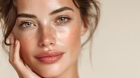 Young woman with freckles touching face in natural skincare beauty portrait with glowing skin and minimal makeup for cosmetic advertising.