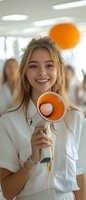 Young Asian woman in white shirt holding orange megaphone, smiling brightly in office setting with blurred background and natural lighting. Perfect for communication concepts.