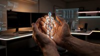 Hands of African American male professional holding glowing digital human figure hologram in modern tech workspace with multiple monitors and data displays.