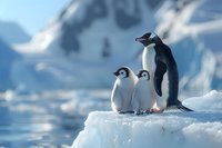 Gentoo penguin family with two fluffy chicks standing on ice floe in Antarctica with glaciers and mountains in background.