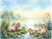 Watercolor capybara family relaxing by peaceful lake with water lilies and marsh grass in soft pastel nature scene for children's book illustration.