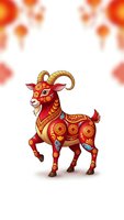 Red decorative goat with golden ornaments and traditional patterns on white background with warm bokeh lights for festive celebrations and cultural events.