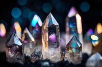 Natural quartz crystals with colorful bokeh lights creating magical atmosphere for meditation, healing and spiritual practices.