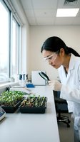Asian female scientist examining plant seedlings with magnifying glass in modern laboratory for botanical research and agricultural development.