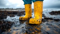 Bright yellow rubber boots standing in muddy puddle on rainy day. Waterproof footwear for outdoor activities and wet weather protection.