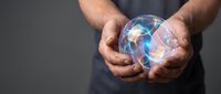 Male hands holding glowing digital sphere with network connections, representing technology, innovation, and global communication concepts for business and digital transformation projects.
