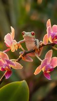 Red-eyed tree frog perched on vibrant pink orchid flowers in tropical rainforest setting with soft bokeh background for nature and wildlife themes.