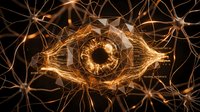 Glowing golden eye with neural network connections and geometric lines, biometric AI and neural interface concept on dark background.