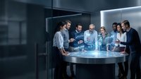 Diverse business team collaborating around futuristic holographic display in modern conference room with advanced technology and digital interface.