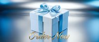 Light blue gift box with satin ribbon bow on reflective surface, golden Order Now text, elegant holiday shopping promotion banner.