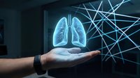 Digital holographic lungs floating above open palm with geometric network background for medical technology and healthcare innovation concepts.