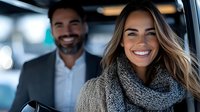 Young Caucasian woman with bright smile wearing gray knit scarf and business professional man in background, sitting in car interior with natural lighting and bokeh effect.