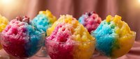 Colorful shaved ice desserts with vibrant pink, yellow, and blue flavored layers, perfect for summer treats, frozen confections, and refreshing beverage concepts.