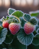 Fresh strawberries covered in morning frost growing on plant with green leaves, macro photography showing detailed texture and natural light in garden setting.