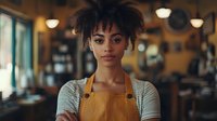Young African American woman with natural curly hair wearing mustard apron and striped shirt in cozy cafe environment, looking confidently at camera.
