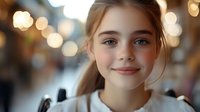 Young blonde girl with blue eyes smiling at camera in urban setting with warm bokeh lights background creating cozy atmospheric portrait for lifestyle content.