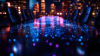 Glowing blue and pink light particles create magical atmosphere with bokeh effect on dark background, defocused city lights in distance for technology concept.