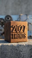 Wooden cube with 2027 TRENDS text on concrete surface with blurred industrial background for business forecasting and market analysis concepts.