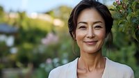 Asian woman with warm genuine smile in white blouse against blurred garden background with soft natural lighting and bokeh effect, expressing joy and confidence.