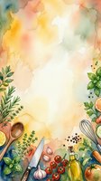 Watercolor cooking background with fresh vegetables, herbs, kitchen utensils, and citrus fruits arranged on soft pastel washes. Central white space ideal for recipe text, menus, or culinary content.