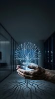 Close-up of mature male hand holding glowing circuit board tree symbol in modern office, representing digital innovation, artificial intelligence, and technology growth for business solutions.