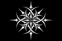 White geometric star mandala pattern on black background, featuring sharp pointed rays and symmetrical tribal design elements. Isolated decorative ornament for tattoo art.