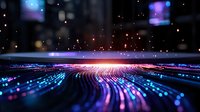 Futuristic digital landscape with glowing curved light trails in blue and pink neon colors against dark background, creating dynamic technology motion effect.