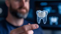 Floating translucent tooth hologram above medical professional's hand in dental office with digital screens in background, demonstrating modern dental technology.