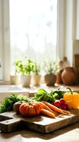 Fresh organic vegetables on rustic wooden cutting board in bright kitchen with herbs and pottery creating farm-to-table cooking atmosphere.