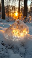 Glowing ice crystal in winter forest at sunset, sunlight shining through transparent frozen formation on snow, creating magical golden light effect in nature.