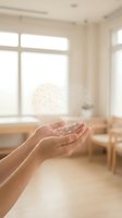 Hand holding glowing digital brain wireframe in bright modern interior space, representing artificial intelligence, innovation, technology, and future digital transformation concepts.
