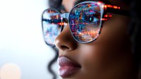 Close up of young African American woman wearing glasses reflecting digital data visualization and technology interface. Modern tech concept for future innovation.