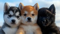 Three adorable husky puppies with different coat colors sitting together against soft blue sky background for pet and animal themed designs.