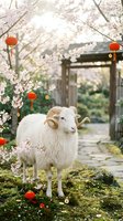 White goat with curved horns standing in blooming cherry blossom garden with red lanterns and traditional gate, spring celebration and lunar new year decoration concept.