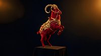 Golden ram sculpture with ornate decorative patterns on dark background with warm lighting for luxury interior design and artistic displays.