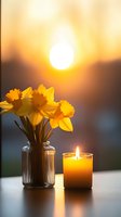Yellow daffodils in glass vase next to burning candle at sunset, creating peaceful atmosphere with warm golden light and bokeh background for wellness concept.