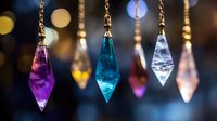 Colorful crystal pendant necklaces hanging with golden chains against blurred bokeh lights background for jewelry display and fashion accessories.