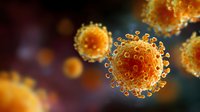Microscopic view of orange spherical virus particles with spike proteins floating against dark background, scientific medical visualization for healthcare education.