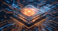 Futuristic microprocessor chip with glowing orange core on circuit board with intricate copper pathways and electronic components for technology concepts.