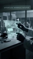 Person wearing black gloves interacting with holographic touchscreen interface displaying digital icons and optimization features in modern office environment.