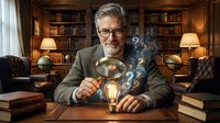 Senior businessman with gray hair and glasses examining glowing lightbulb in elegant library office, symbolizing innovation and creative thinking in corporate environment.