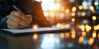 Person writing in notebook with magical golden bokeh lights in background creating atmospheric evening mood, soft focus composition for creative inspiration.