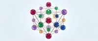 Colorful molecular structure with interconnected spheres in purple, green, blue, red and gold on white background. Isolated clipart suitable for science education, chemistry presentations, and design projects.
