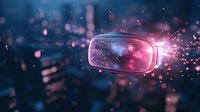 Futuristic virtual reality headset with glowing particles and light effects against blurred city background, representing digital transformation and gaming technology.