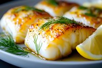 Grilled cod fillet garnished with fresh dill and lemon slices on white plate, glazed with butter sauce and seasoned with black pepper, close up view.