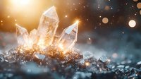 Magical glowing quartz crystals emerging from rough stone with sparkling light effects and bokeh against dark background, mystical mineral formation.