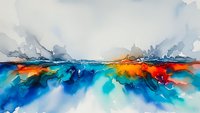 Abstract watercolor painting with vibrant blue, orange and turquoise flowing colors creating dynamic horizontal composition for modern interior design.